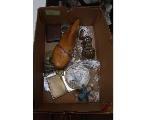Box of assorted small bygones to include Brass money clip, Burgess Anchovy Paste top, Cabinet photograph etc.