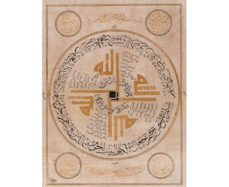 Mecca.- Illuminated Ka'ba panel on paper with a central roundel with the word Allah written in kufic script in gold radiating