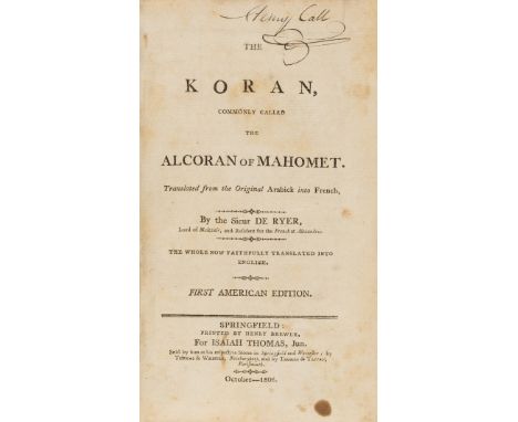 Koran (The), commonly called The Alcoran of Mahomet, first American edition, O4 torn, Aa6 with small hole slightly affecting 