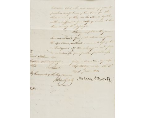 Nelson (Horatio, Admiral Lord) Manuscript document signed by Admiral Nelson ("Nelson &amp; Bronte", with his left hand) and h