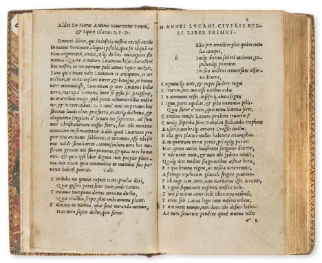 Lucanus (Marcus Annaeus) [Pharsalia], collation: a-r8 s4, text in Latin, italic type, woodcut printer's device to verso of co