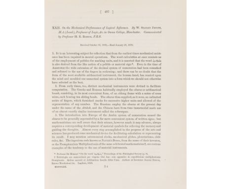 Early computing.- Jevons (William Stanley) "On the Mechanical Performance of Logical Inference", extract from Philosophical T