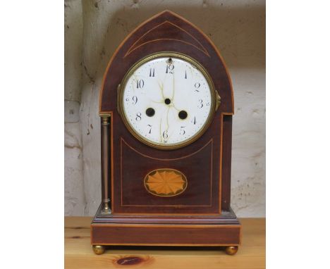 EDWARDIAN MAHOGANY INLAID MANTEL CLOCK, FOR RESTORATION 