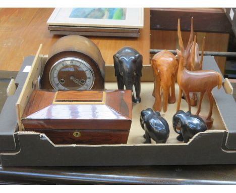 SUNDRY LOT INCLUDING TEA CADDY, MANTLE CLOCK AD TREEN ANIMALS, ETC. 