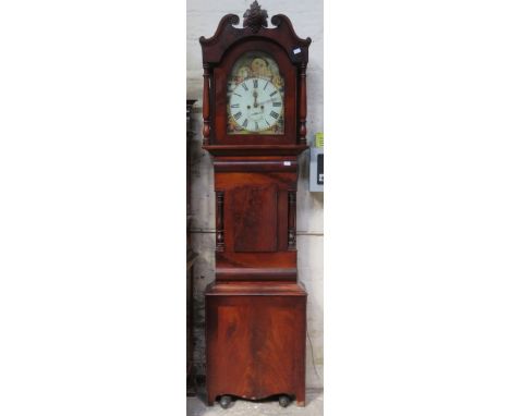 MAHOGANY CASED LONGCASE CLOCK WITH HANDPAINTED BEVELLED ROLLING MOON DIAL 