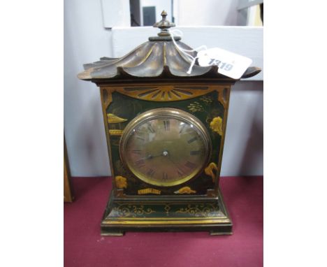 An Early XX Century Chinese Style Green Lacquer Mantle Clock, with a Pagoda top, raised decoration, brass dial, with Roman nu