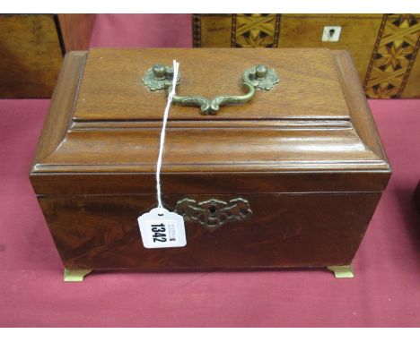 An XVIII Century Mahogany Tea Caddy, with a brass handle, internally with three divisions, on gilded brass bracket feet 23.5c