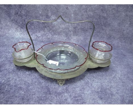 Ruby Rimmed Glass Strawberry and Cream Set, in plated stand, 39cm wide.