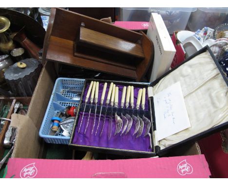 Brass Candlesticks, cutlery, book trough, etc:- Two Boxes.