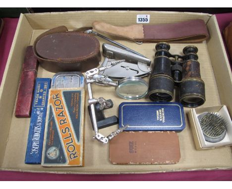Howe &amp; Rodgers Cut Throat Razors, Rolls razor, Roma Strop, binoculars, meals, magnifier, Rexel junior stapler, etc:- One 
