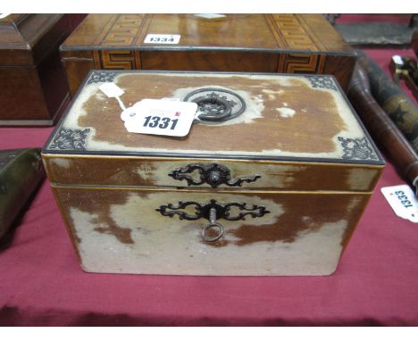 A Painted Tea Caddy, with a ring handle, pierced mounts, two divisions, with lids, 20 cm wide.
