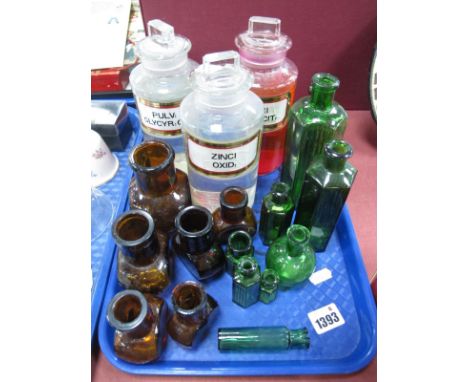 Vintage Clear Glass Pharmacy Bottles, green glass poison bottles, Bovril bottles:- One Box.