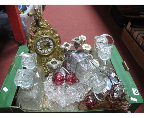 Two Decanter Sets, French gilded brass rococo style mantle clock, silver plated candelabra, glasses, vase, etc:- One Box