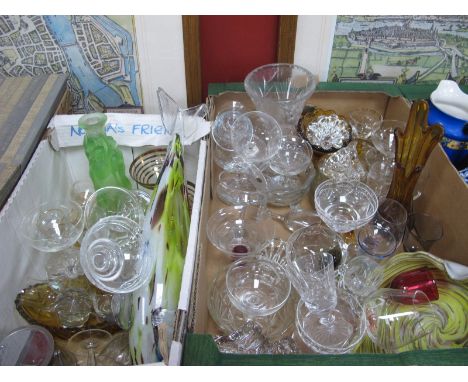 Glass Mottled Fish, Art Deco green glass centre piece candlestick as three maidens,drinking glasses:- Two Boxes.