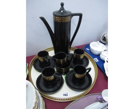 Portmeirion "Greek Key" Pattern Coffee Service, together with coffee cans - saucers etc, on a plated oval tray.