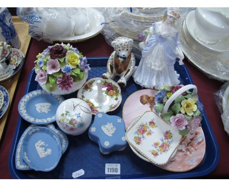 Wedgwood Jasper Ware Trinket Box, trinket dishes, Coalport posie, Royal Worcester oval plate, helping hand:- One Tray.
