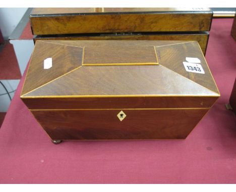 A XIX Century Mahogany Sarciohagus Shaped Tea Caddy, with boxwood stringing, 28cm wide.
