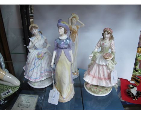 Four Royal Worcester Figurines, Elizabeth Bennett, Lady Susan from The Jane Austen Collection, The Queen of The May, The Vill