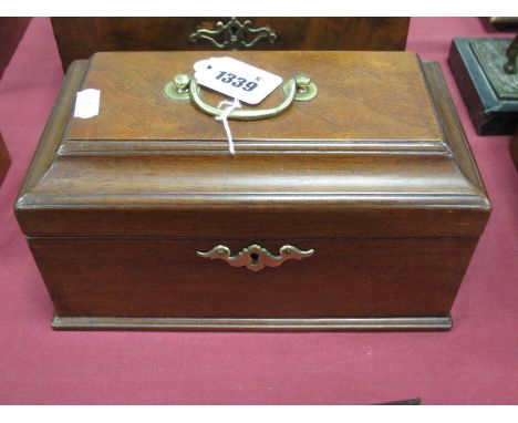 An XVIII Mahogany Tea Caddy, with a brass handle, internally with three divisions with lids, 23.5cm wide.