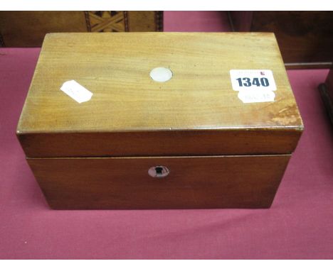 A XIX Century Mahogany Tea Caddy, with mother of pearl insert, two divisions with lids, 19cm wide.