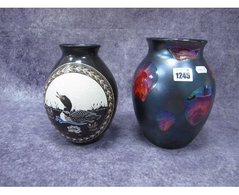 Poole Pottery Vase, with lava decoration, together with a brown glaze, pottery vase, with inscription 5-658 Loon Nation Woodl