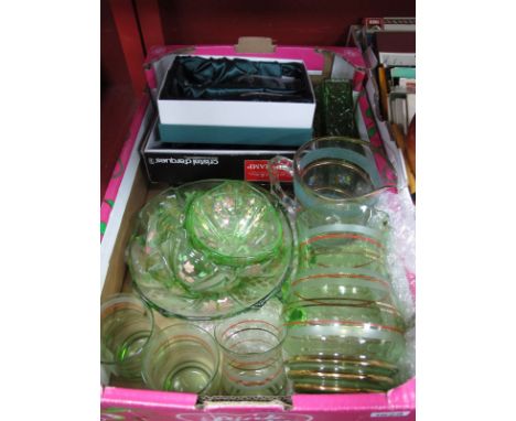 Vintage Glass Ware, water jug, tumblers, green glass fruit bowls, etc:- One Box.
