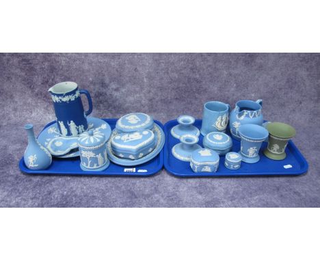 A Wedgwood Jasper Ware Plate, trinket oval dish, jug, vase, etc:- Two Trays.