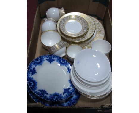 A Wedgwood "Gold Florentine" Part Tea Dinner Service, seventeen pieces, XIX Century blue-white plates, etc:- One Box.