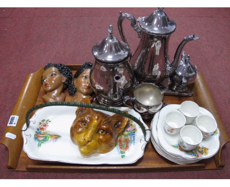 Two Plaster Lady Wall Masks, cat example, sandwich set, plated tea service, etc.