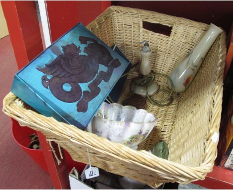 Windsor &amp; Newton Artists Box, onyx lamp, Royal Worcester pin trays (boxed) in a wicker basket.