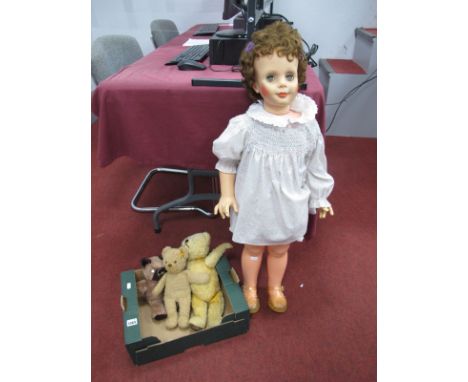 A Mid XX Century Doll, wearing Riviera sandals, approximately 90cm high, a Steiff Teddy Bear and a Gold plush jointed Teddy B