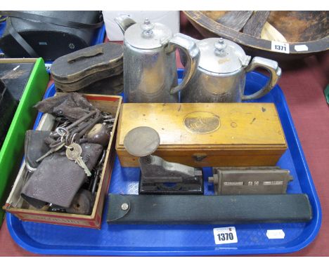 Keys, binoculars, stapler, treen box, Elkington plate, tea pots:- One Tray.
