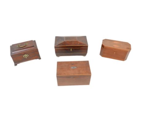Four 19th century and later tea caddies and trinket boxes, including a mahogany and satinwood inlaid sarcophagus form tea cad