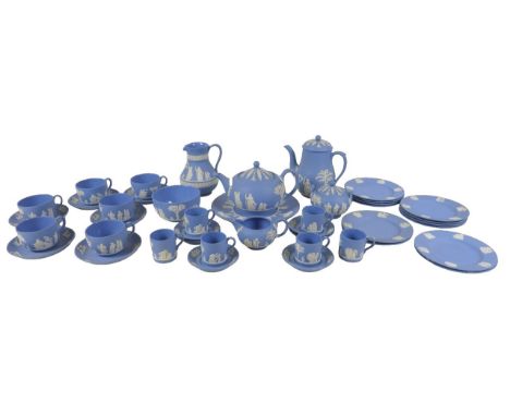 A collection of Wedgwood blue and white Jasperware, comprising six coffee cans and saucers, six teacups and saucers, teapot, 