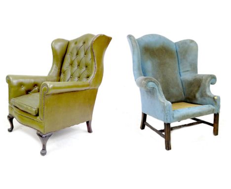 Two wingback armchairs, comprising a Georgian style wingback armchair, in blue floral fabric, a/f upholstery in poor conditio