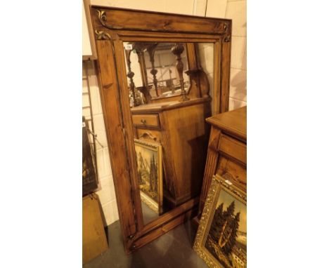 Large oak framed mirror with brass decoration 68 x 190 cm 