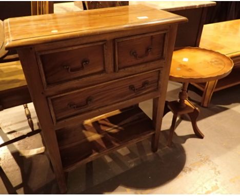 Hardwood three drawer side cupboard with lower shelf 64 x 32 x 80 cm and a small table 