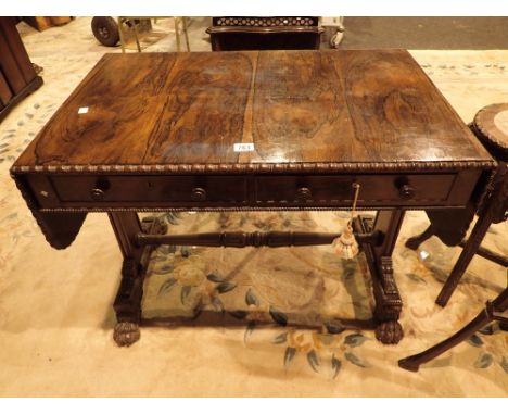 Good hardwood Victorian sofa table with claw feet and turned stretchers with two true and two dummy drawers 60 x 930 x 730 cm