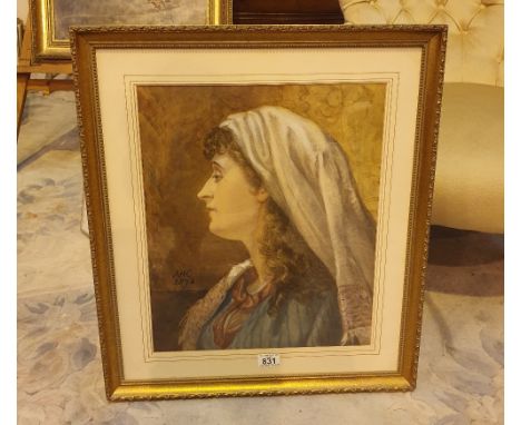 Antique watercolour on paper portrait of a young woman signed AHC 1878 38 x 45 cm 