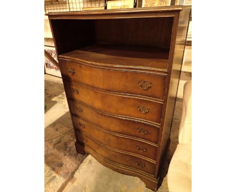 Walnut serpentine tallboy with five drawers and upper shelf