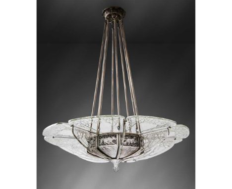 designed 1913clear, frosted and grey stained glass, with an associated metal ceiling-rosestencilled R. LALIQUE150cm (59in) hi