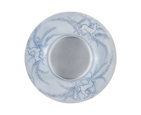 designed 1925clear, frosted and blue stainedmoulded R. LALIQUE, wheel-engraved FRANCE29.5cm (11 5/8in) diameterFootnote: IMPO