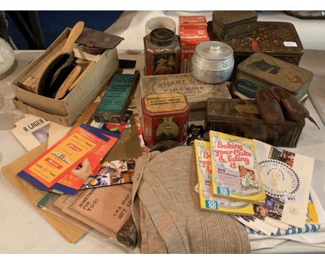 A COLLECTION OF ITEMS RELATING TO THE CO-OP TO INCLUDE VINTAGE TINS, POLISHING KIT, HAMMER AND STAMP BOOKS 