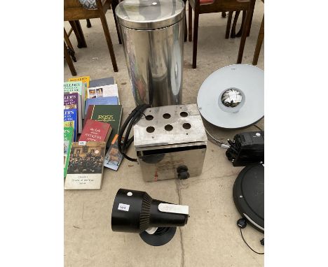 A HEAT LAMP, A GAS GREENHOUSE HEATER AND PEDAL BIN 