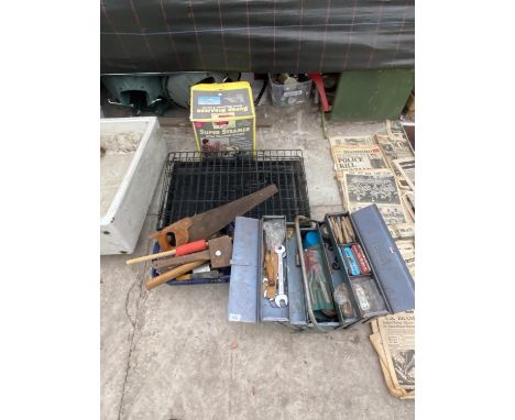 A TOOL BOX AND TOOLS, A DOG CAGE AND A WALLPAPER STRIPPER 