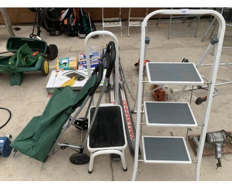 A THREE RUNG STEP LADDER, A KITCHEN STEP STOOL AND TWO TROLLEYS 