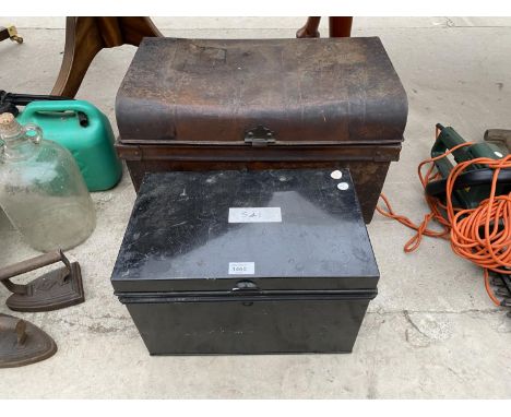 A DOCUMENT TIN AND A VINTAGE TIN TRUNK 