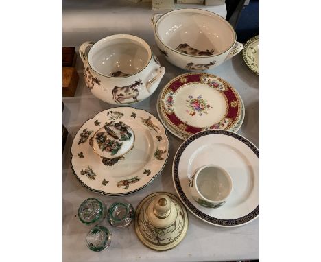 A MIXED GROUP OF CERAMICS TO INCLUDE TEWO LARGE BOWLS WITH TWIN HANDLES AND COW DECORATION, SEVERAL PLATES, A CERAMIC BELL ET