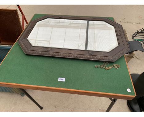 A FOLDING CARD TABLE TOGETHER WITH AN ORNATE BEVELLED WOODEN FRAMED MIRROR 