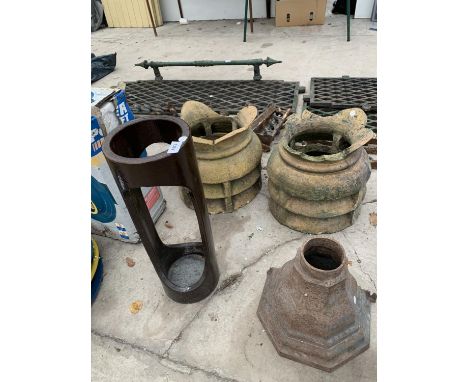 FOUR VINTAGE ITEMS TO INCLUDE CHIMNEY COWLS AND CAST IRON DRAIN HOPPER 